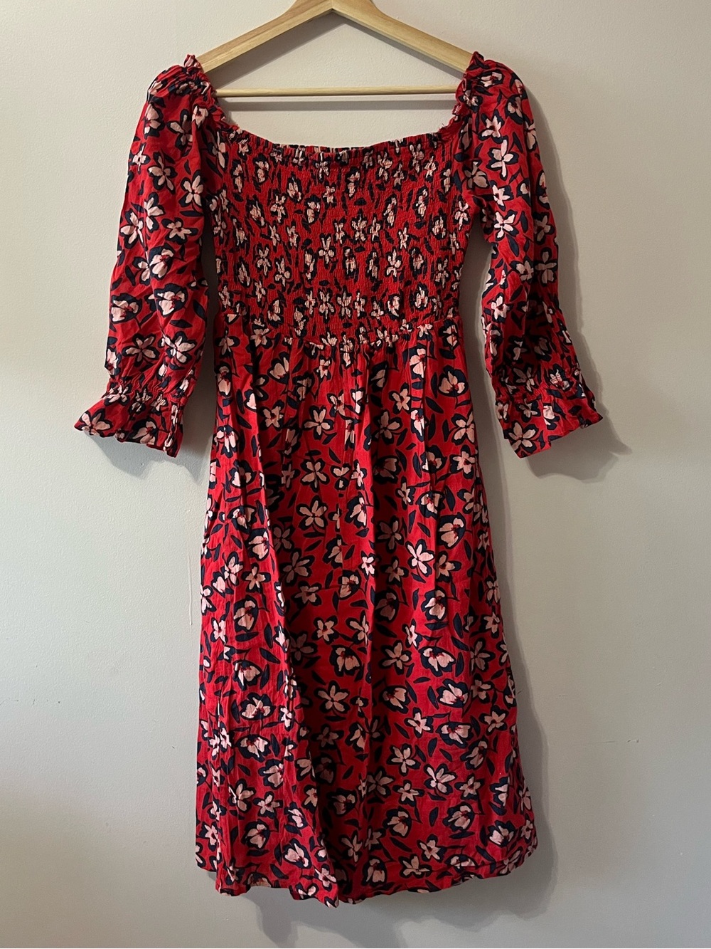 Who What Wear Red, Navy & Blush Smocked Floral Dress